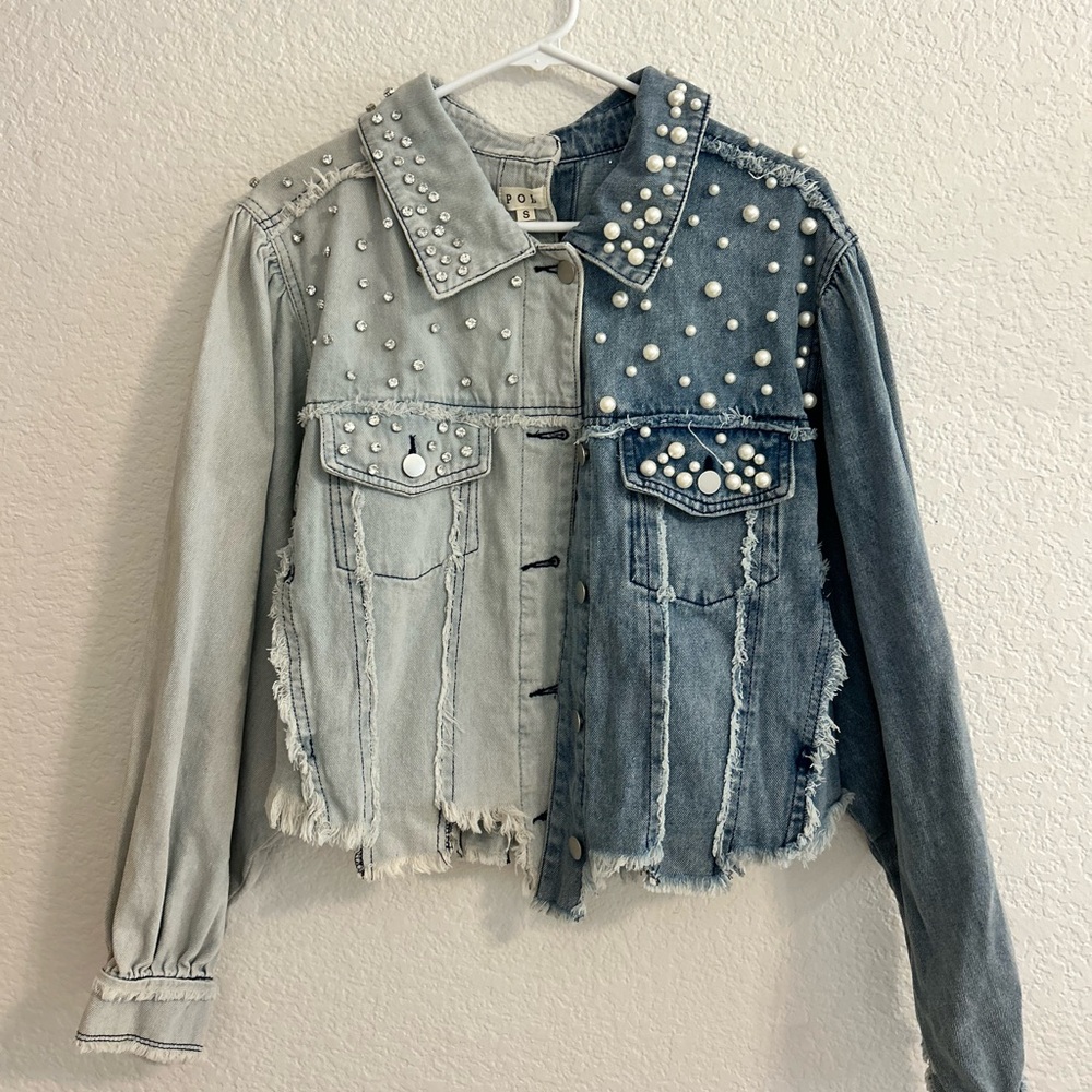 NWT POL Pearl and Diamond Studded Denim Jacket